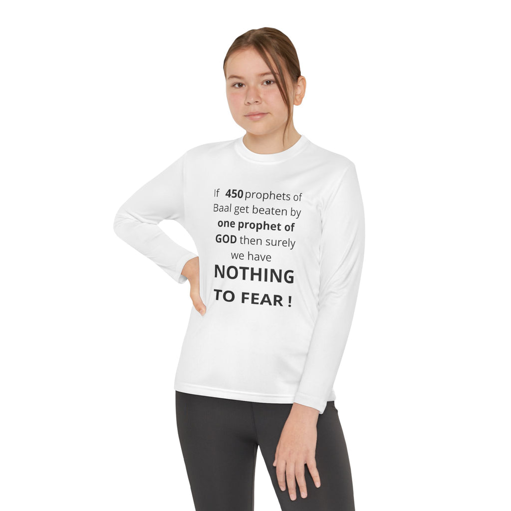 Youth Long Sleeve Tee — "Nothing to Fear" (1 Kings 18:27) — Kid-Designed Christian Tee