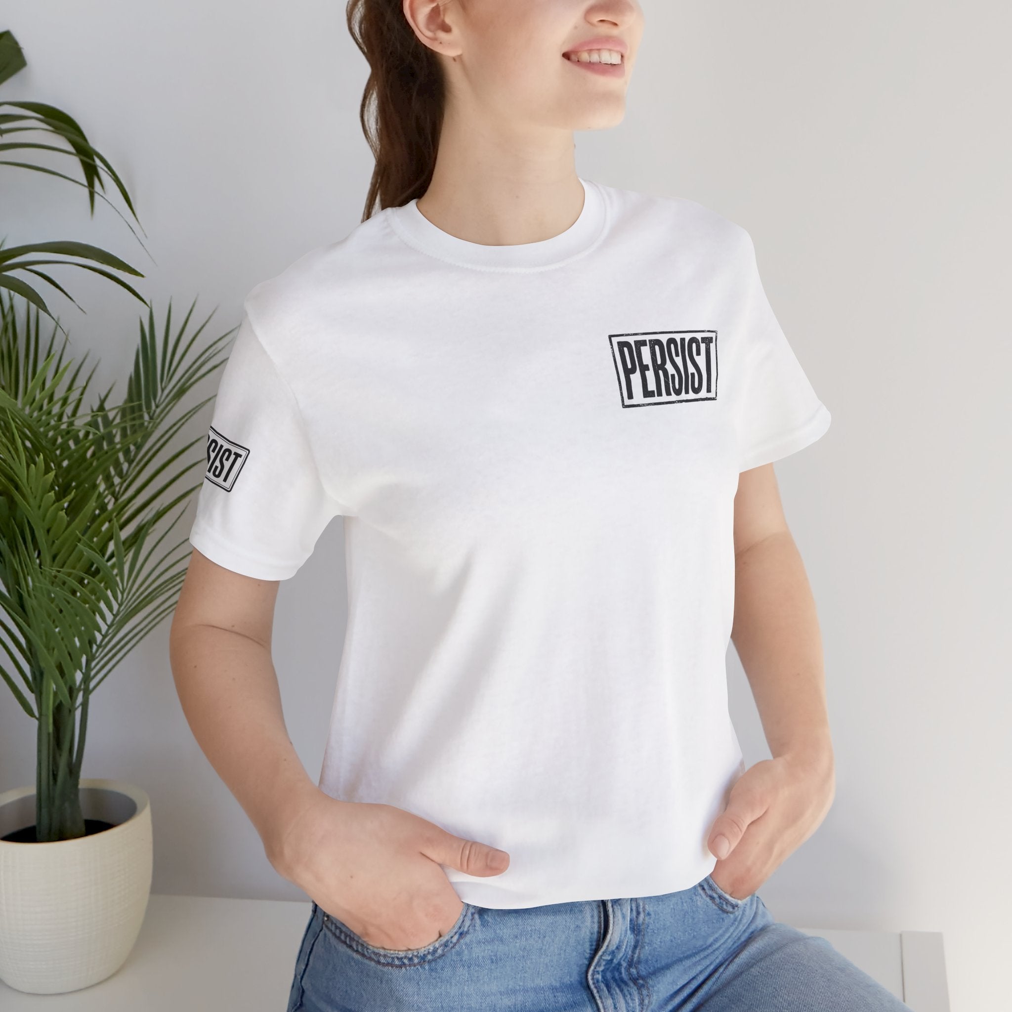 Persist Minimalist T-Shirt — Motivational Chest & Sleeve Graphic Tee