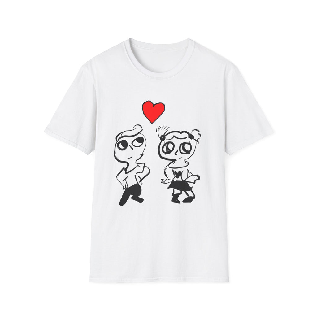 Romantic Cartoon Couple T-Shirt — Cute Heart Sketch Valentine Tee  hand-drawn