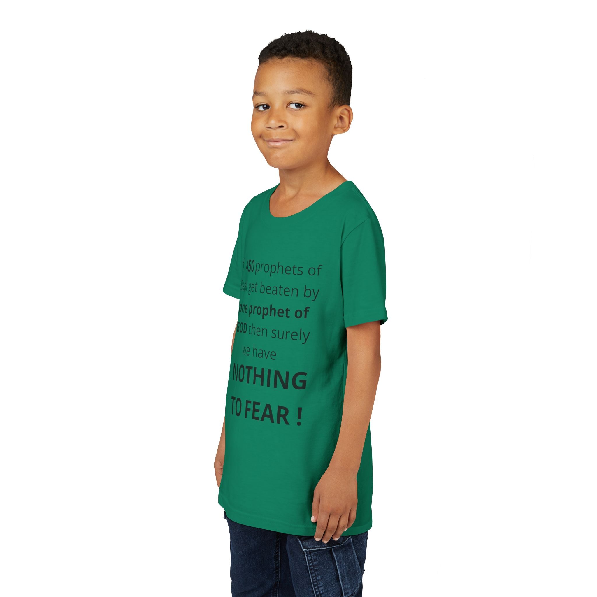 Youth T-Shirt — 1 Kings 18:27 “Don’t Fear Our God Is Strong” (Designed by 12-Year-Old)