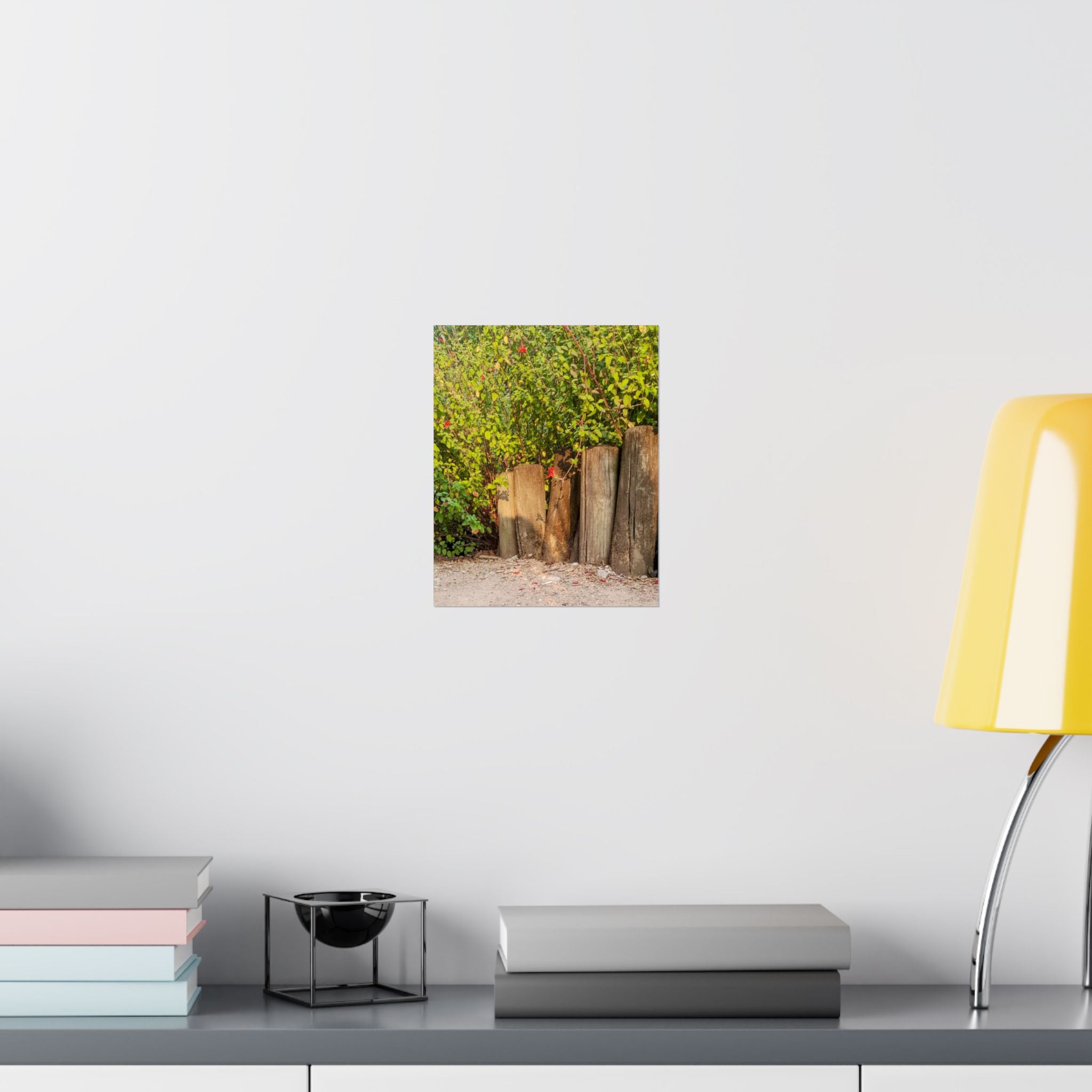 Woodland Garden Vertical Poster — Rustic Tree Stump & Greenery Matte Print