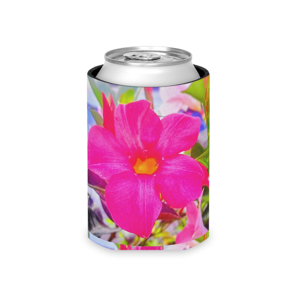 Pink Mandevilla Floral Can Cooler — Tropical Flower Drink Koozie